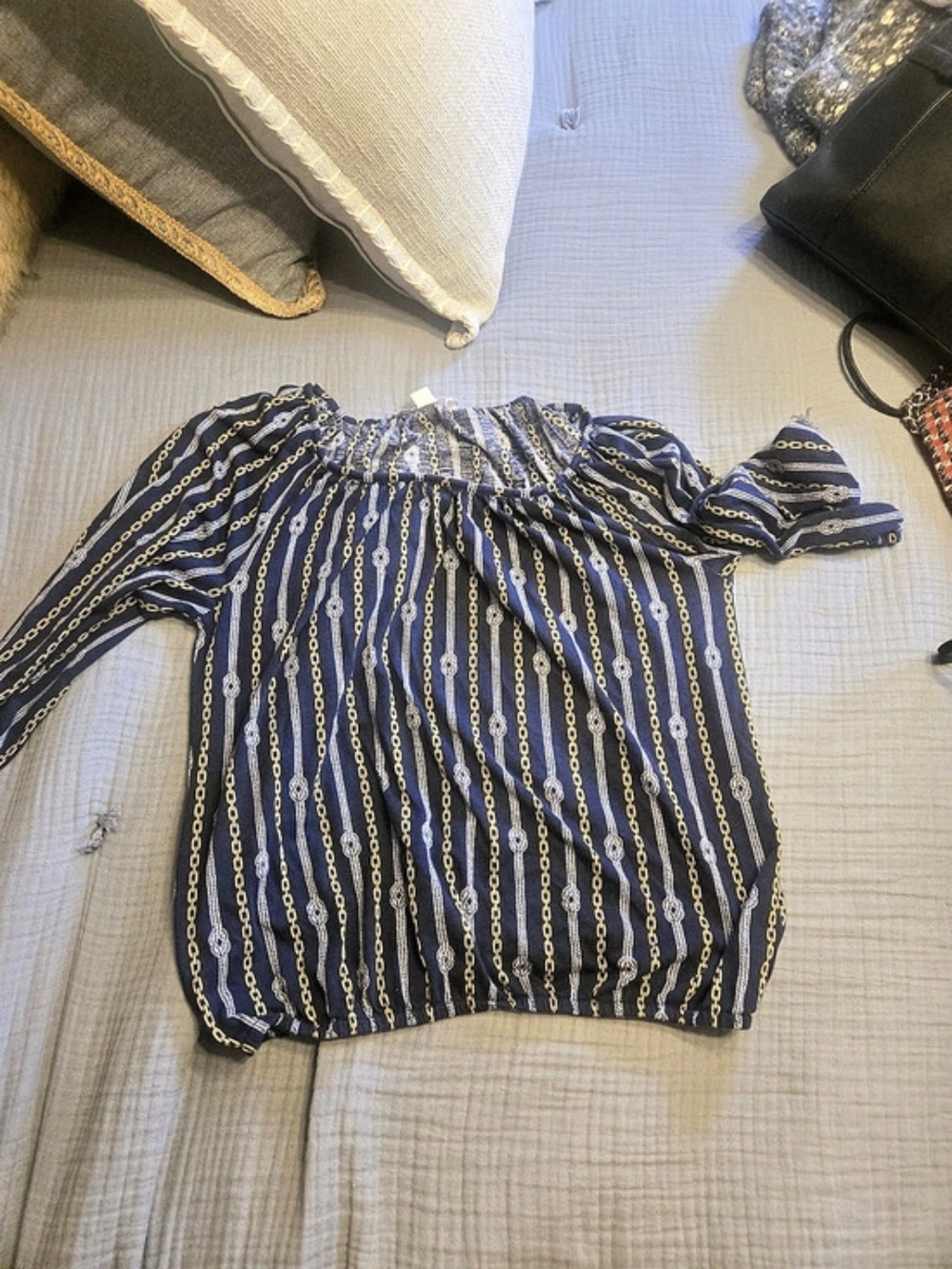 Michael Kors Chain Print Long Sleeve Blouse in Blue & Yellow Size Small